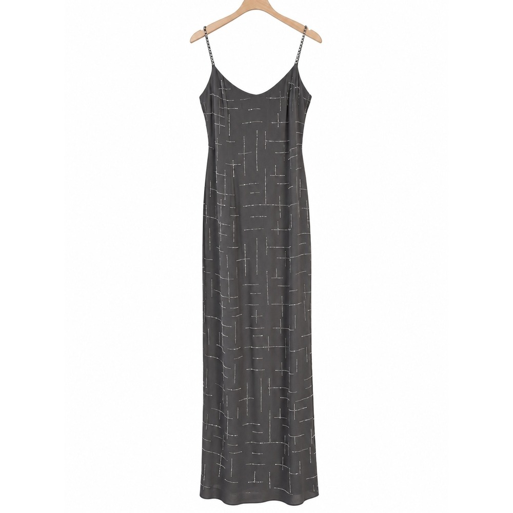 NWT Basix II Formal 100% Silk Grey Rhinestone Embellished Maxi Dress ($595) 4 - Picture 2 of 5